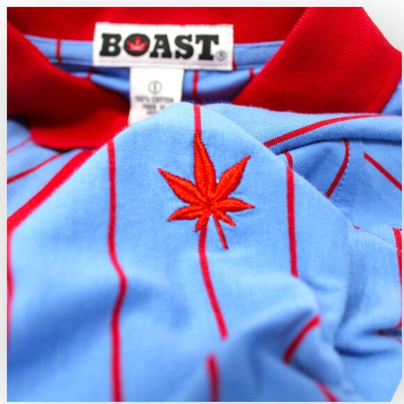 BOAST USA Men Small Vertical Stripe Polo Carolina Blue Red Leaf Logo NWT $95 - Picture 4 of 10
